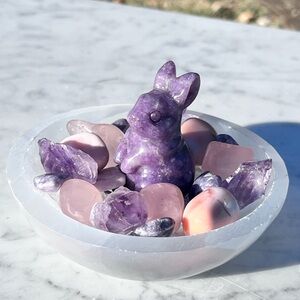 Lepidolite Bunny Rabbit, Selenite Bowl, Amethyst Crystals, Botswana Agate